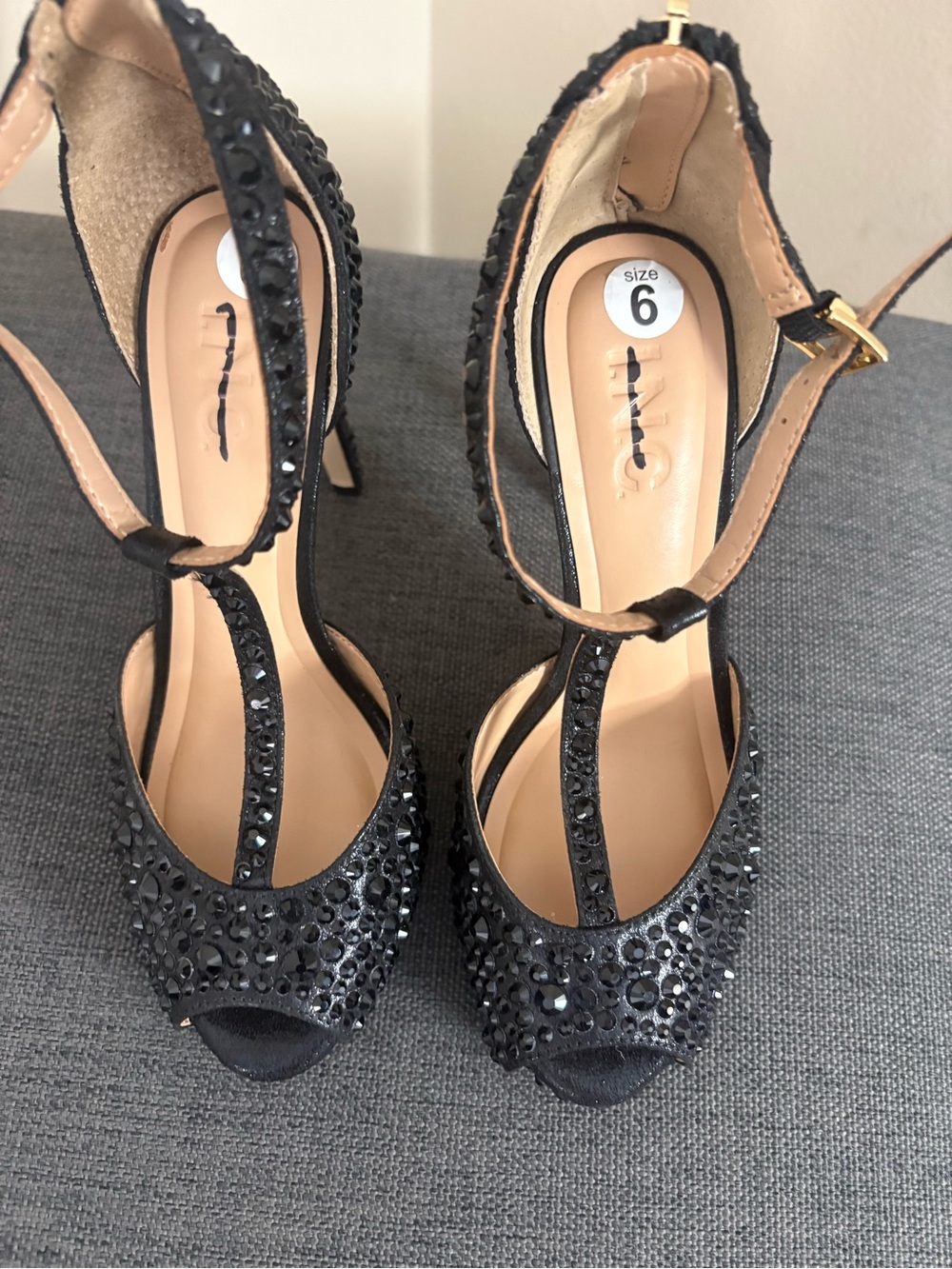 INC Black Rhinestones Platform Peep Toe Stiletto Heels Size 6